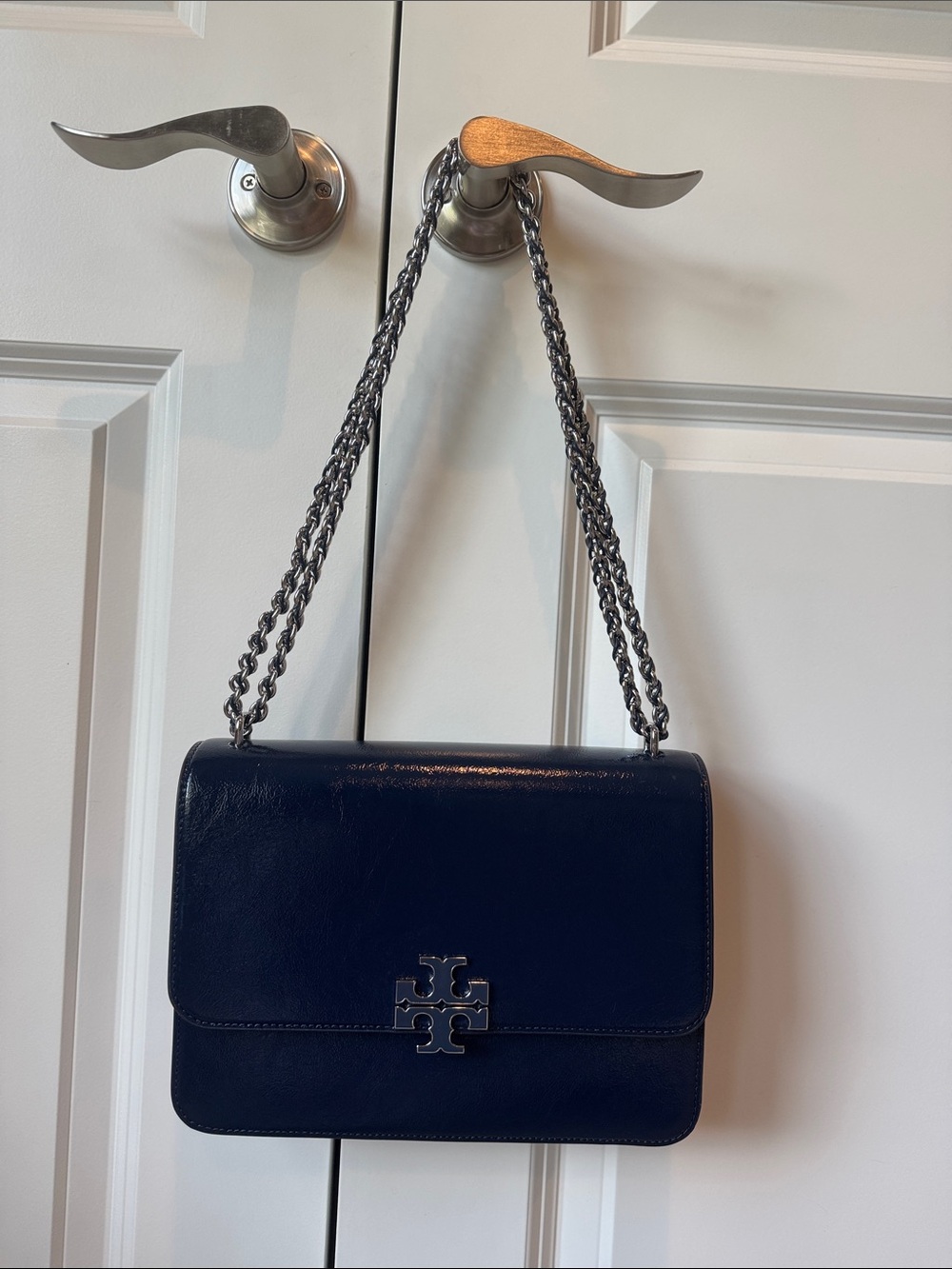 NWOT Large Tory Burch Navy Patent Leather, Silver Chain-Shoulder Bag